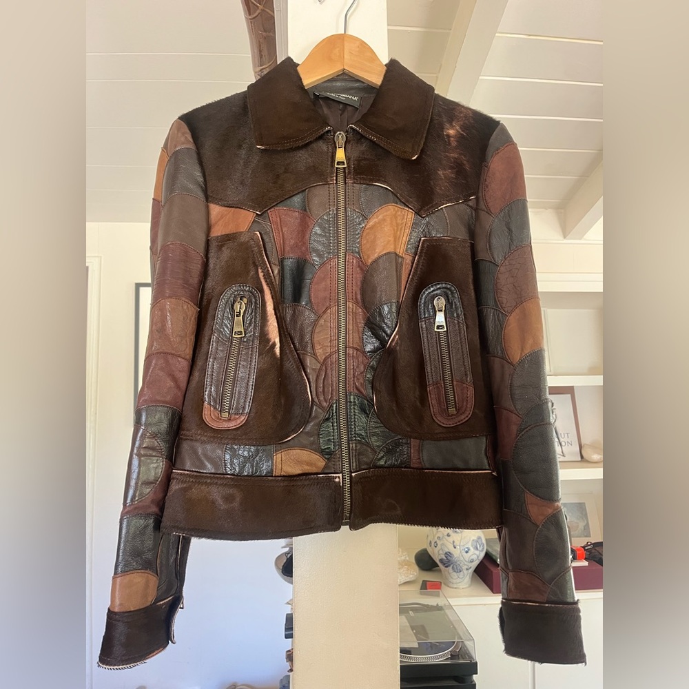 Dolce & Gabbana Leather Jacket Brown and Black Patchwork